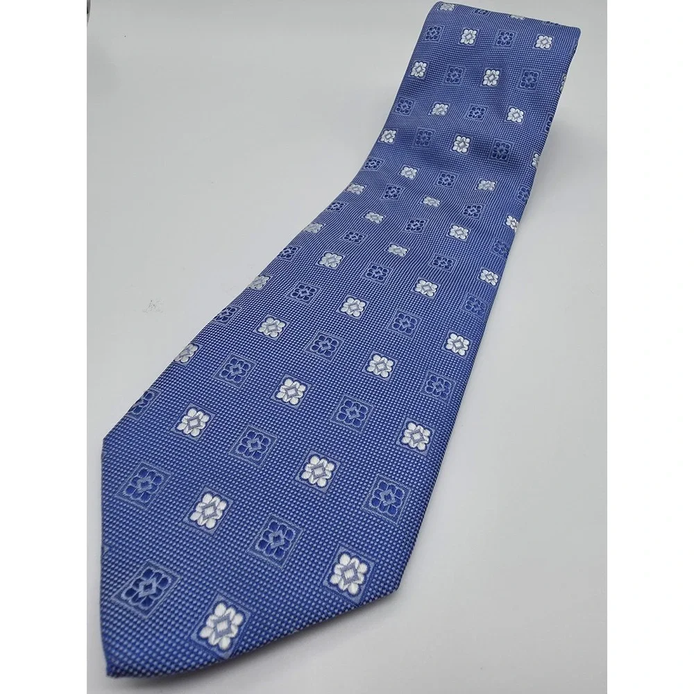 Tom James Blue White 100% Silk Geometric Short Necktie 55